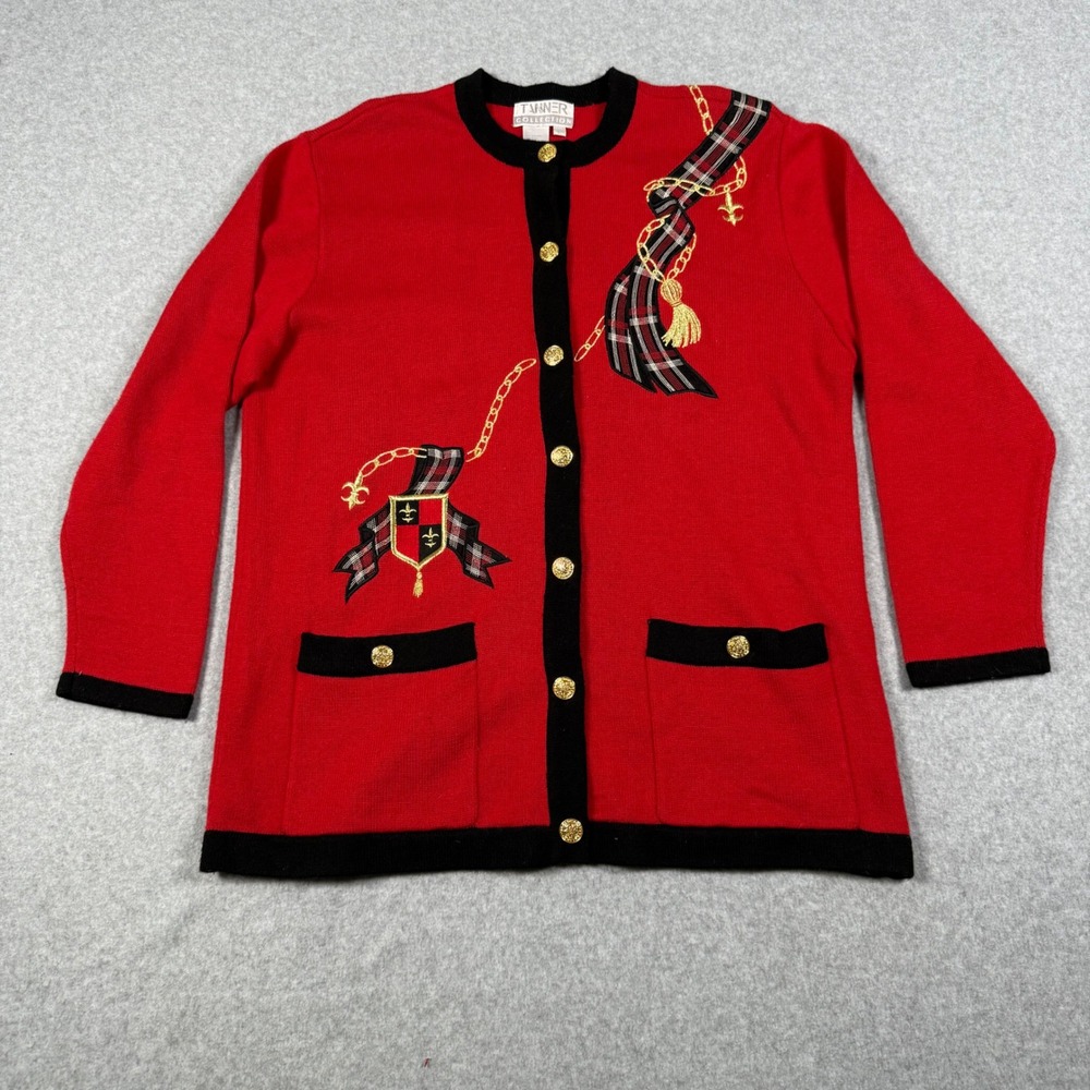 Tanner Collection Vintage 90s Red Cardigan Sweater Crest Gold Buttons Large